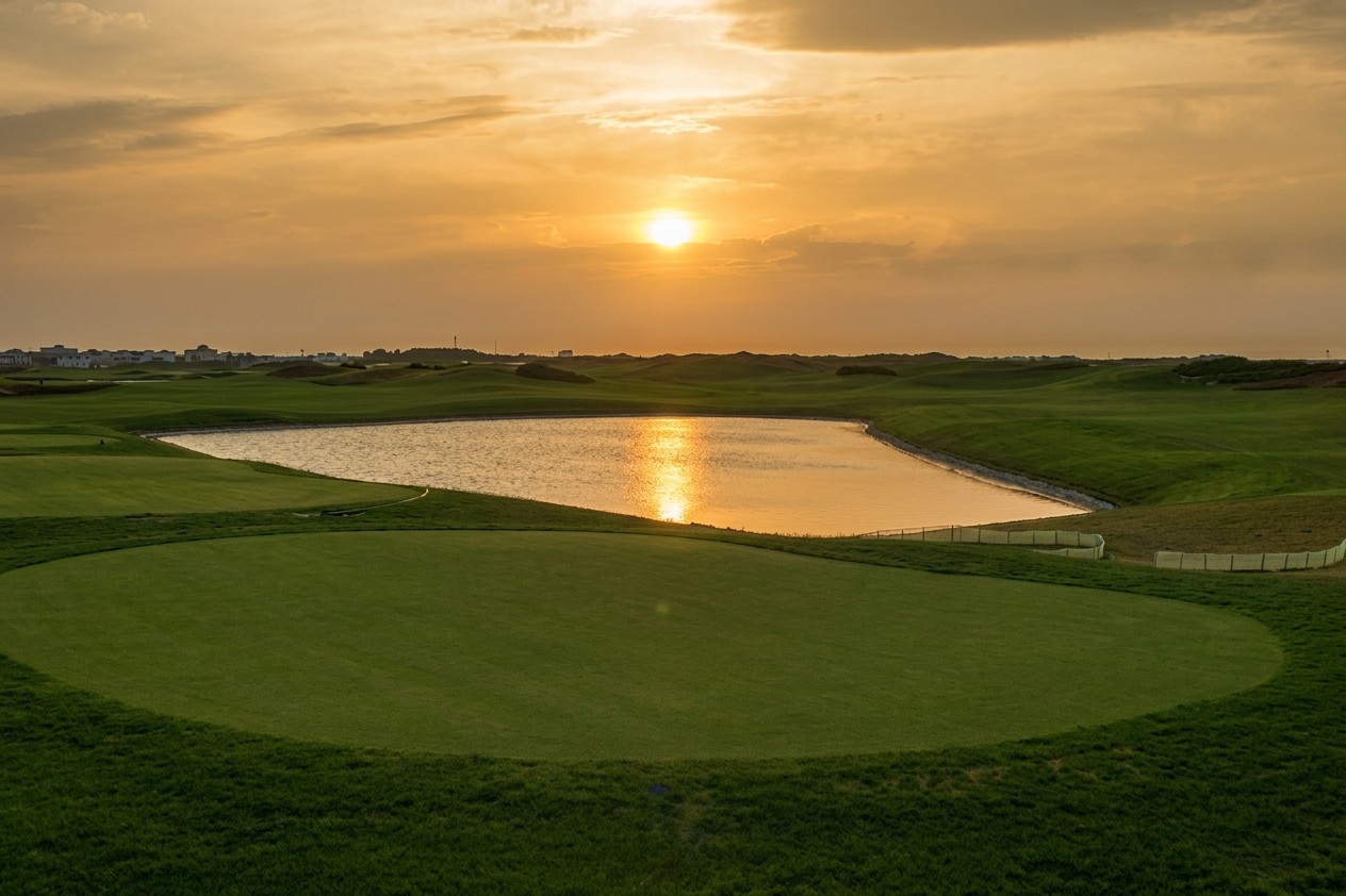Restored coastline with golf course lakes and native wetlands